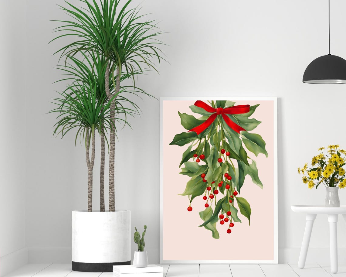 Christmas Mistletoe Swag with Red Bow and Berries Botanical Poster - Image 2