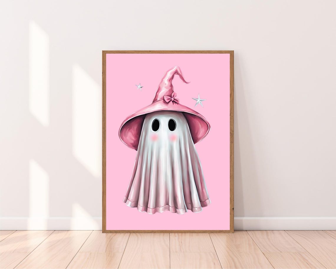 Cute Ghost Pink Witch Hat Stars Halloween Pastel Wall Poster - Image 2