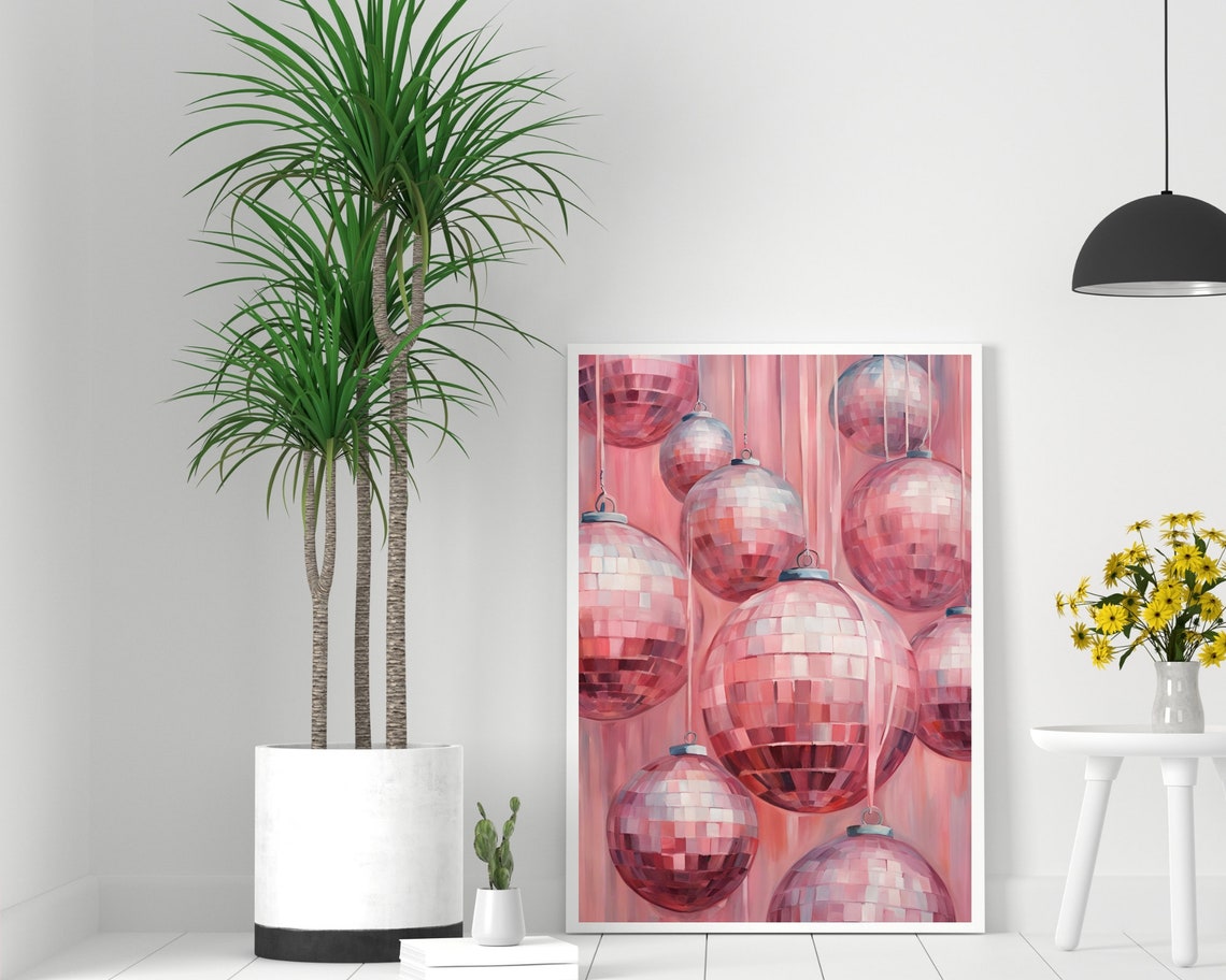 Hanging Pink Disco Ball Ornaments On Blush Painterly Background Poster - Image 2