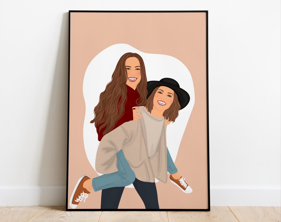 Custom Playful Best Friends Piggyback Portrait Illustration Poster - Image 3
