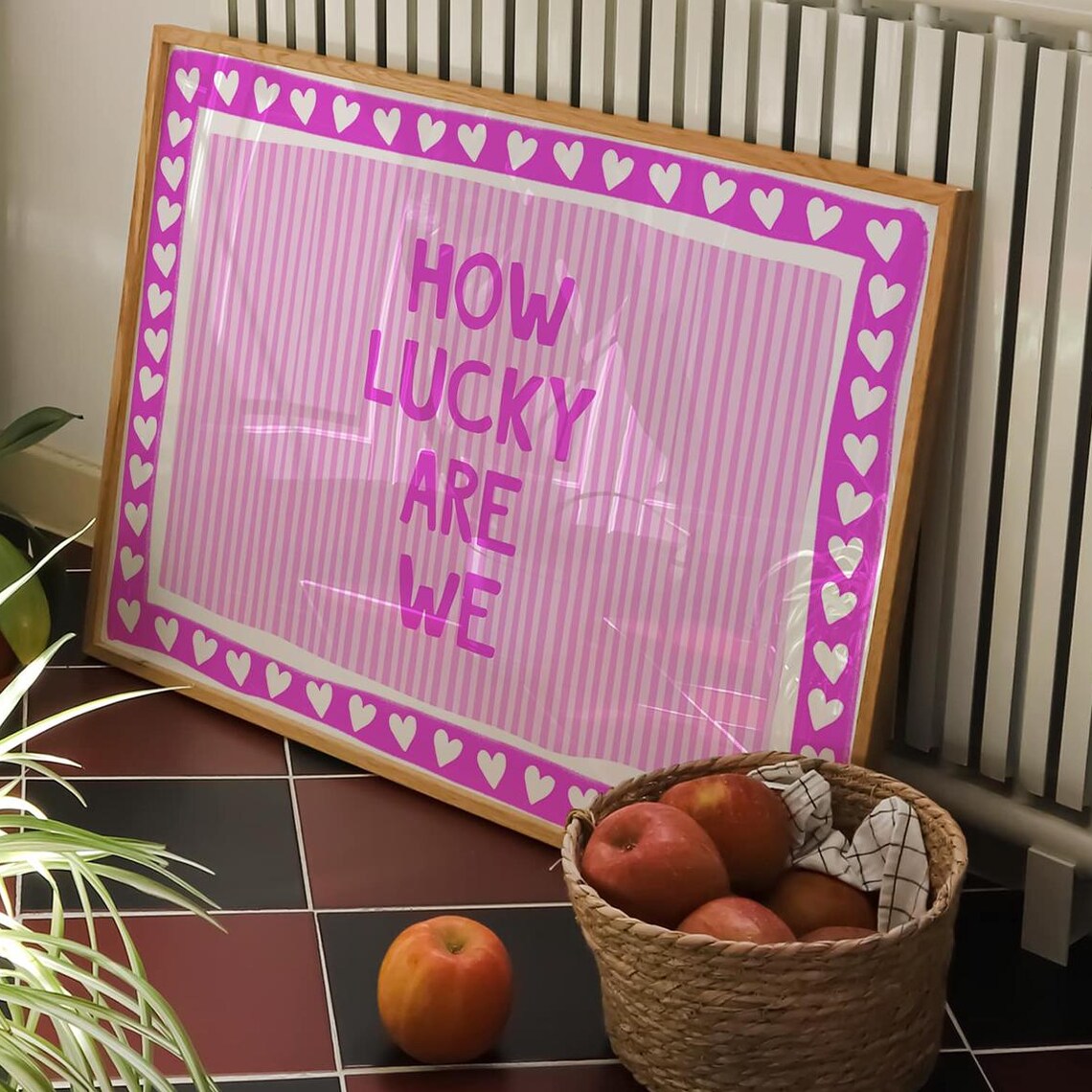 How Lucky Are We Pink Striped Quote Print with White Hearts Border