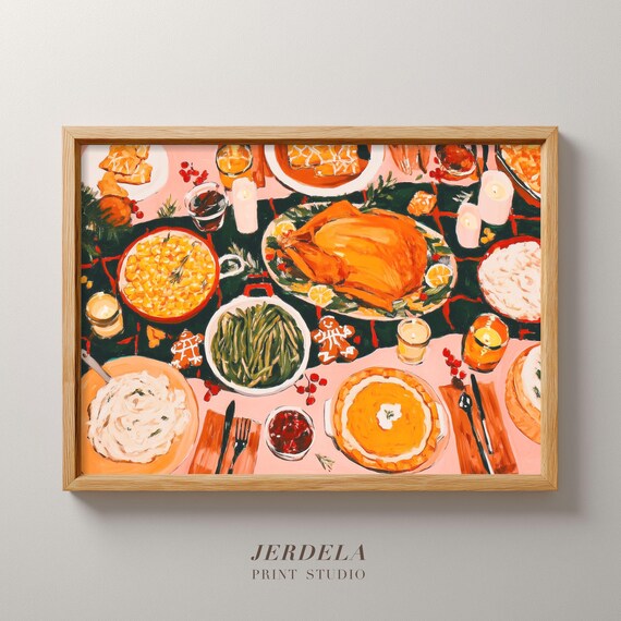 Vibrant Holiday Feast Table Modern Gouache Painting Print Festive Dinner Art