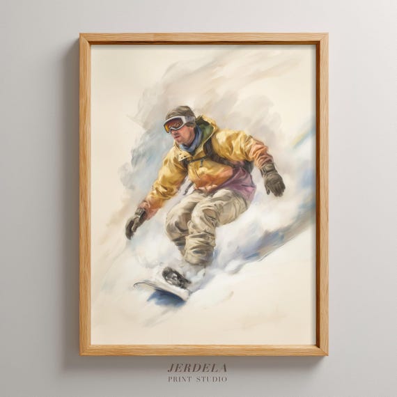 Snowboarder Action Sketch Print Winter Sports Mountain Lodge Decor