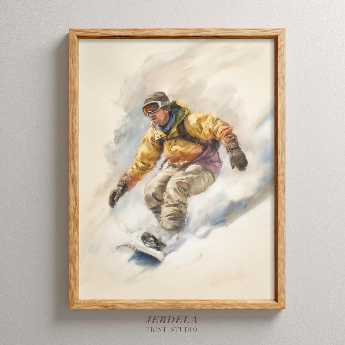 Snowboarder Carving Deep Powder Mountain Action Sketch Art Print