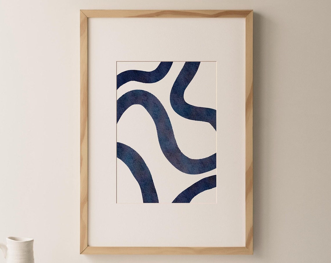 Navy Blue Flowing Curved Lines White Abstract Watercolor Poster - Image 5