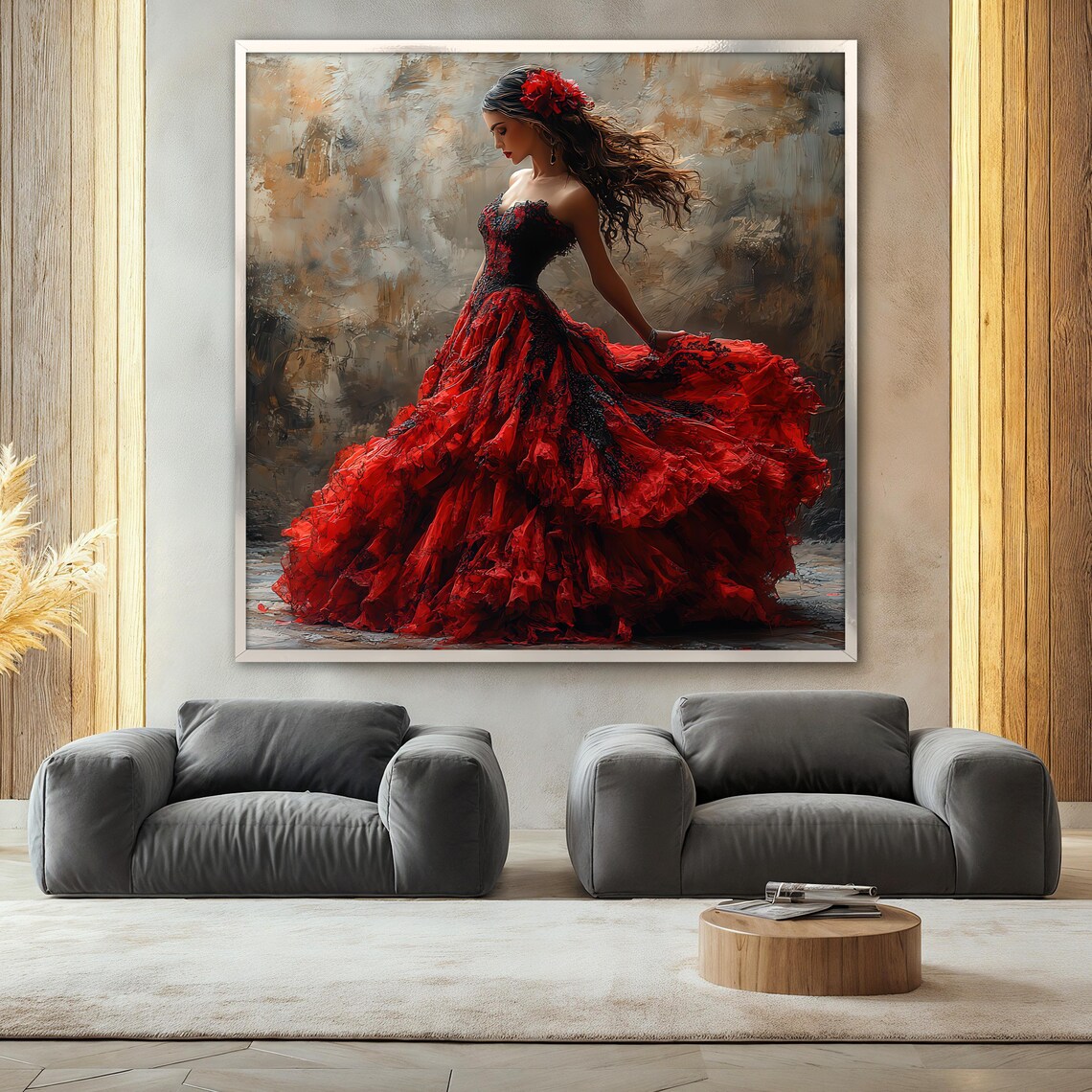 Elegant Woman In Red Dress, Vintage Floral Art - Image 2