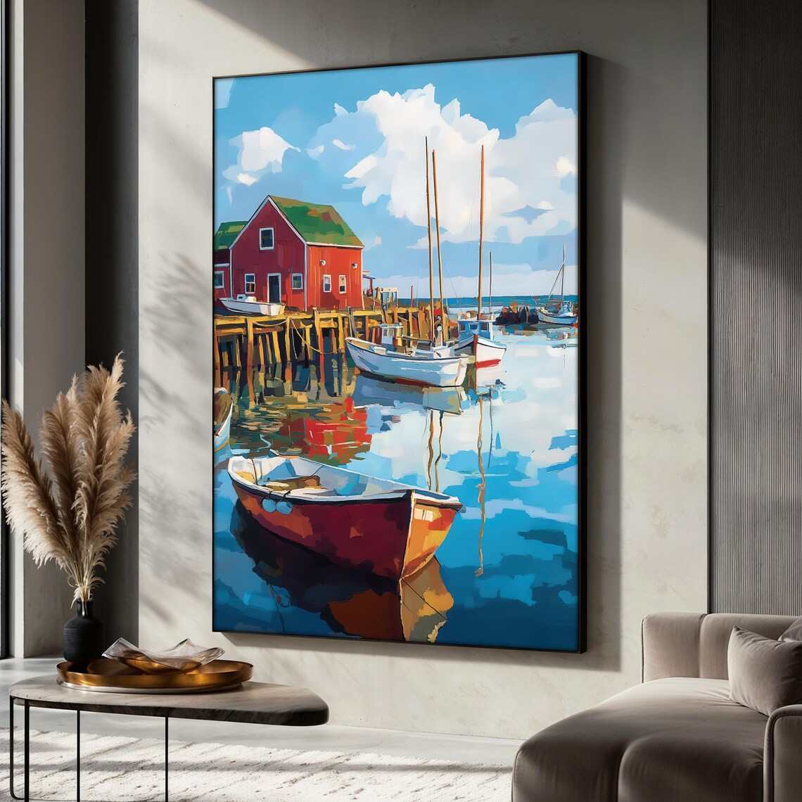 Boats and Harbor Scene, Coastal Painting