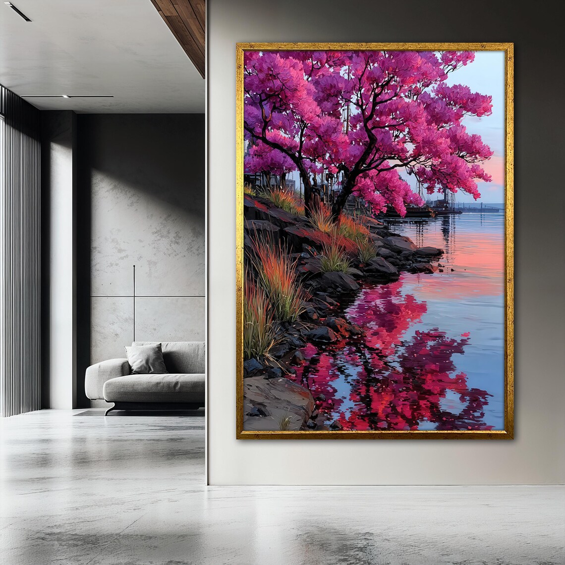 Cherry Blossom Lake Painting, Serene Nature Scene - Image 3