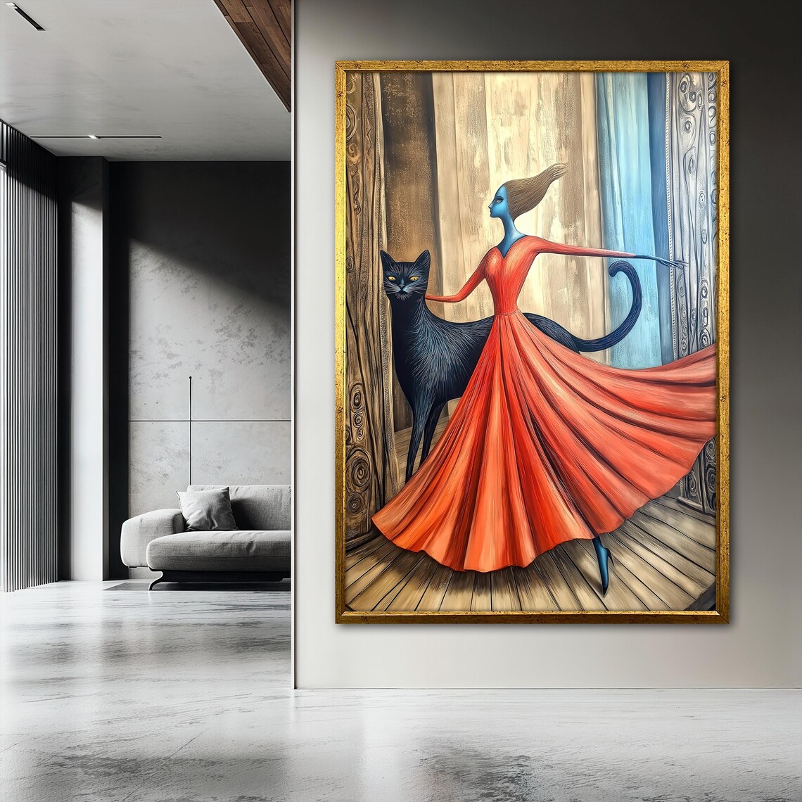 Whimsical Woman and Black Cat Painting, Surreal Art - Image 3