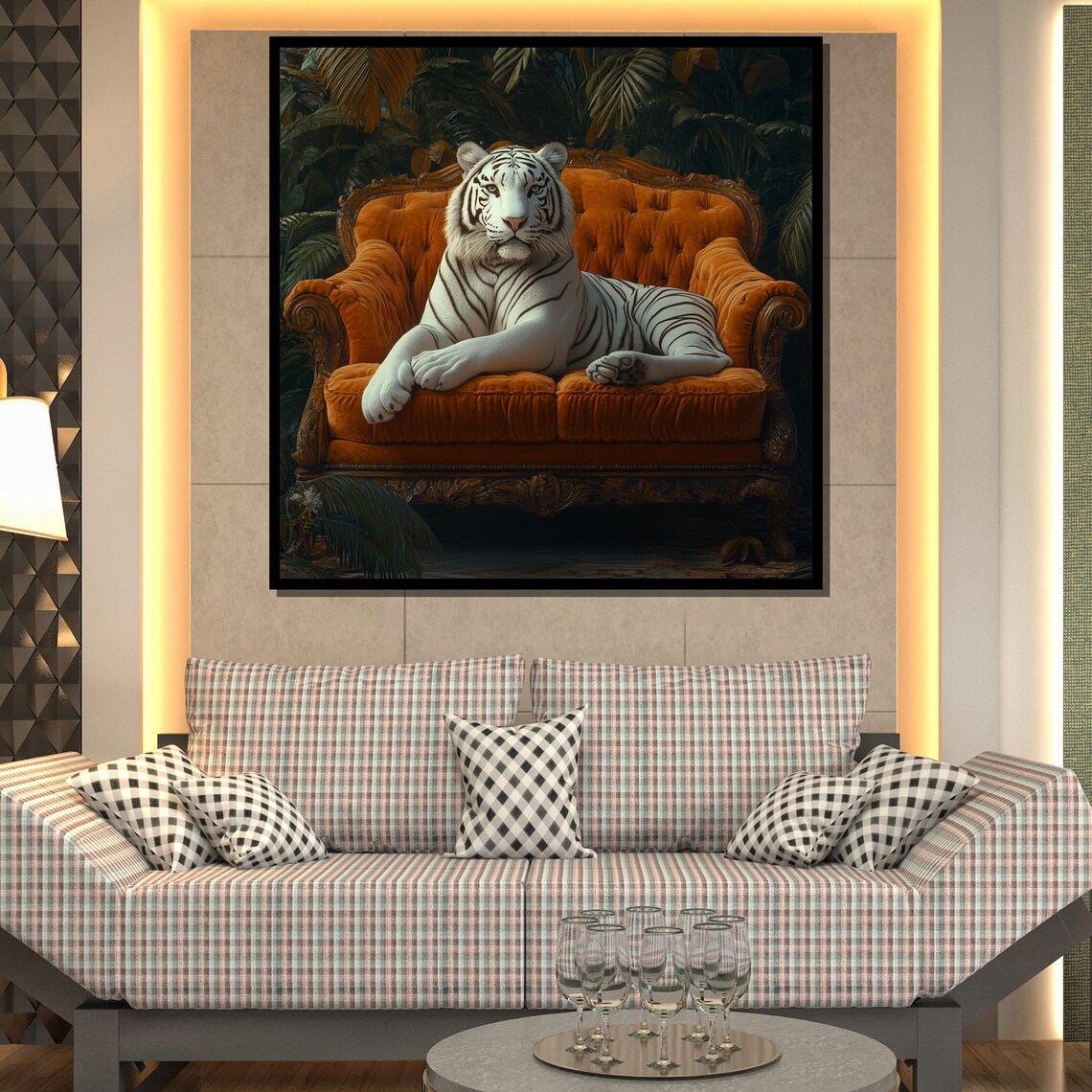 White Tiger On Vintage Sofa, Safari Decor - Image 2
