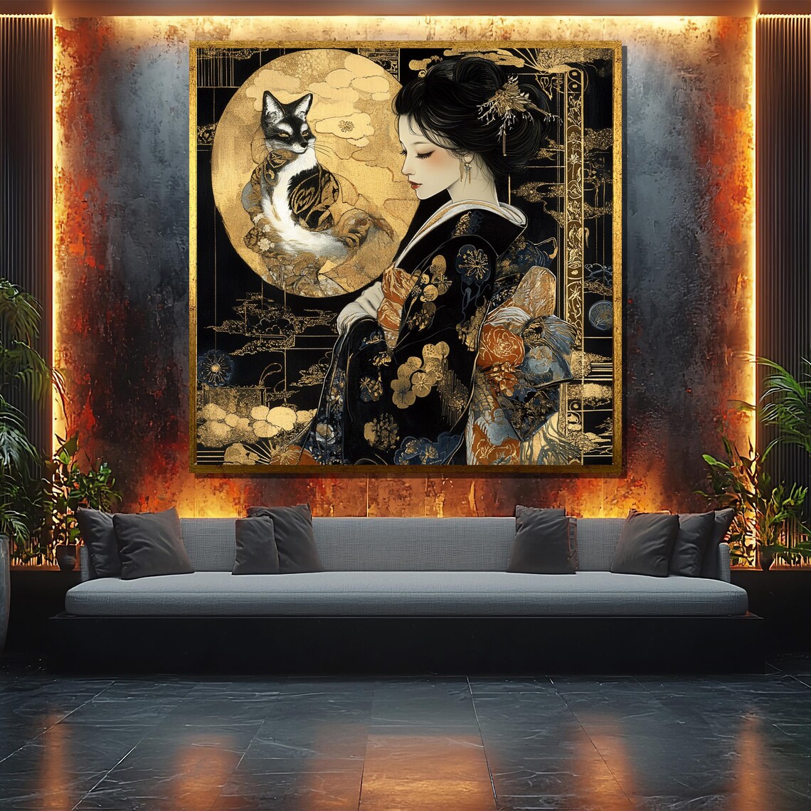 Elegant Japanese Woman With Cat, Mystical Asian Decor