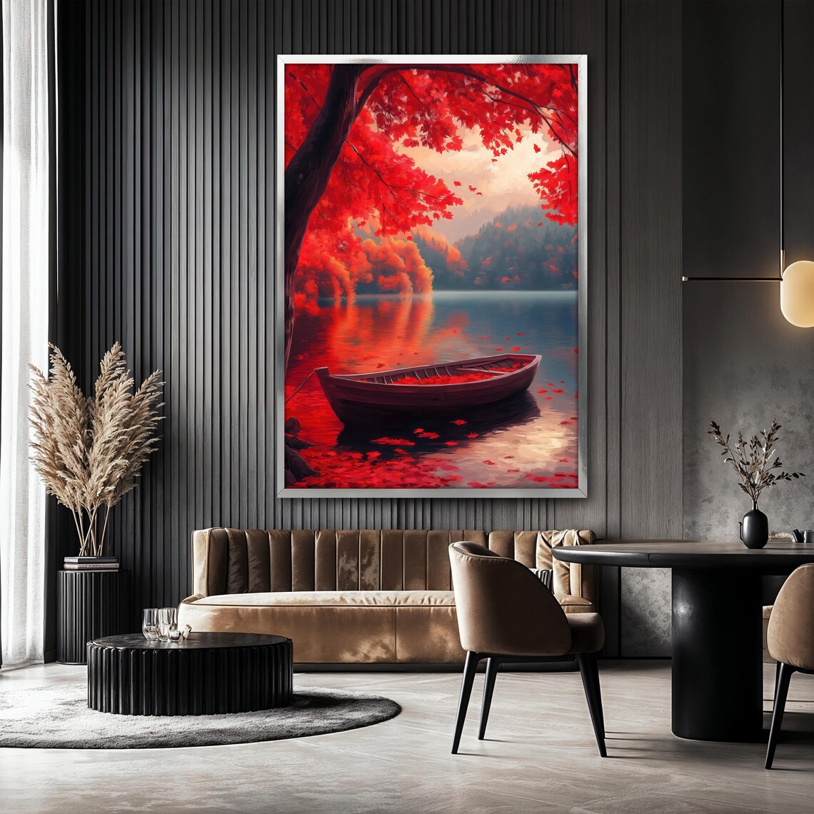 Red Autumn Lake Boat Painting, Serene Fall Landscape - Image 2