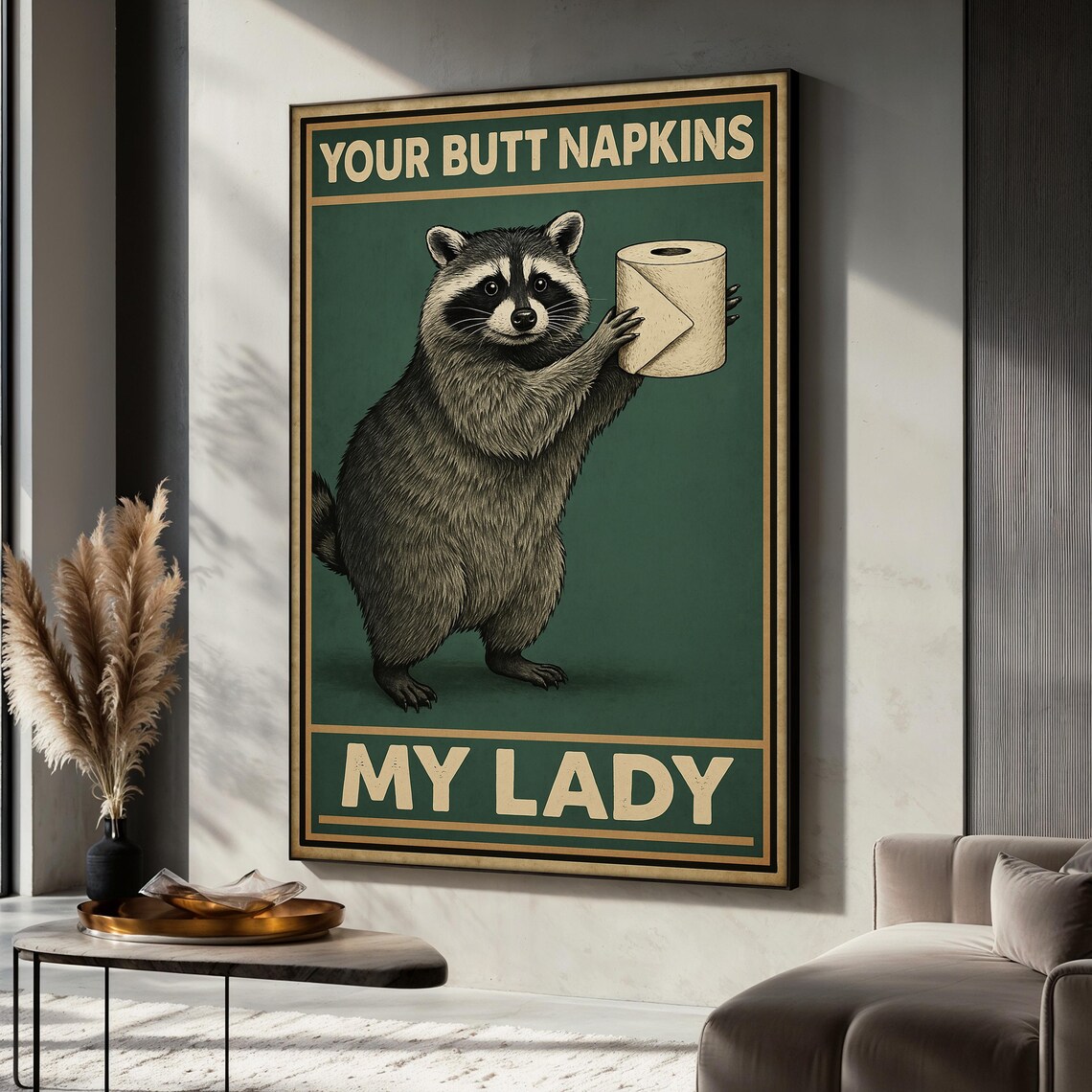 Funny Raccoon Bathroom Humor, Rustic Animal Poster
