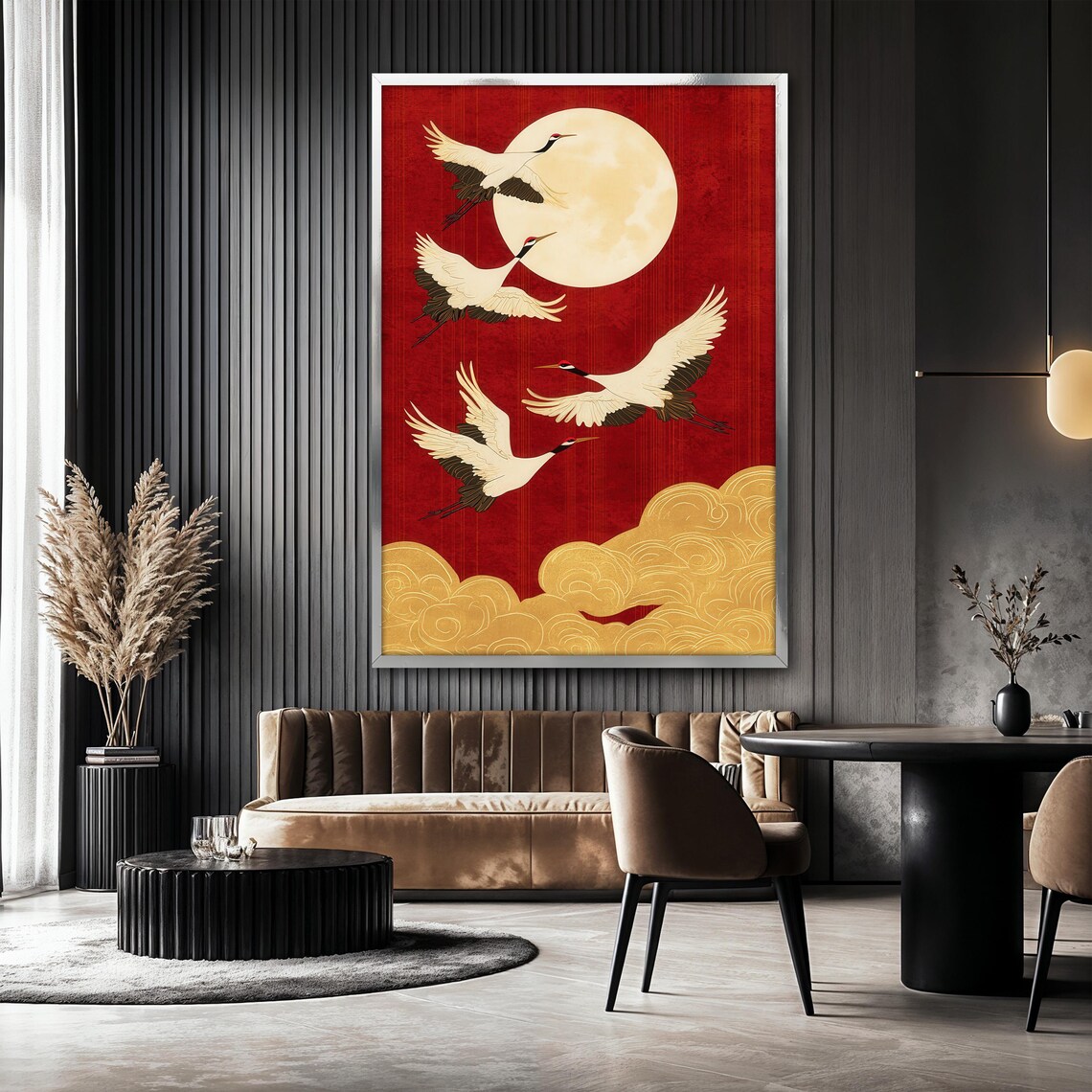 Japanese Crane, Red And Gold Moon Scene Art Print - Image 2