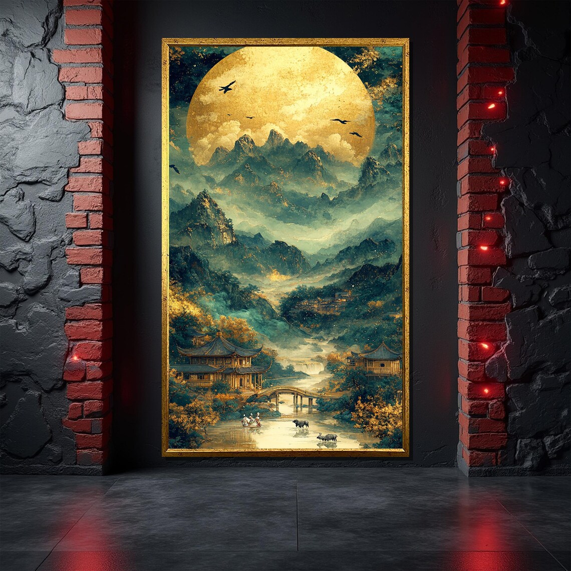 Japanese Full Moon Painting, Traditional Landscape