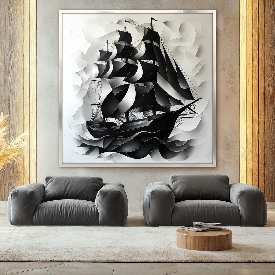 Black And White Ship Painting, Modern Nautical - Image 2