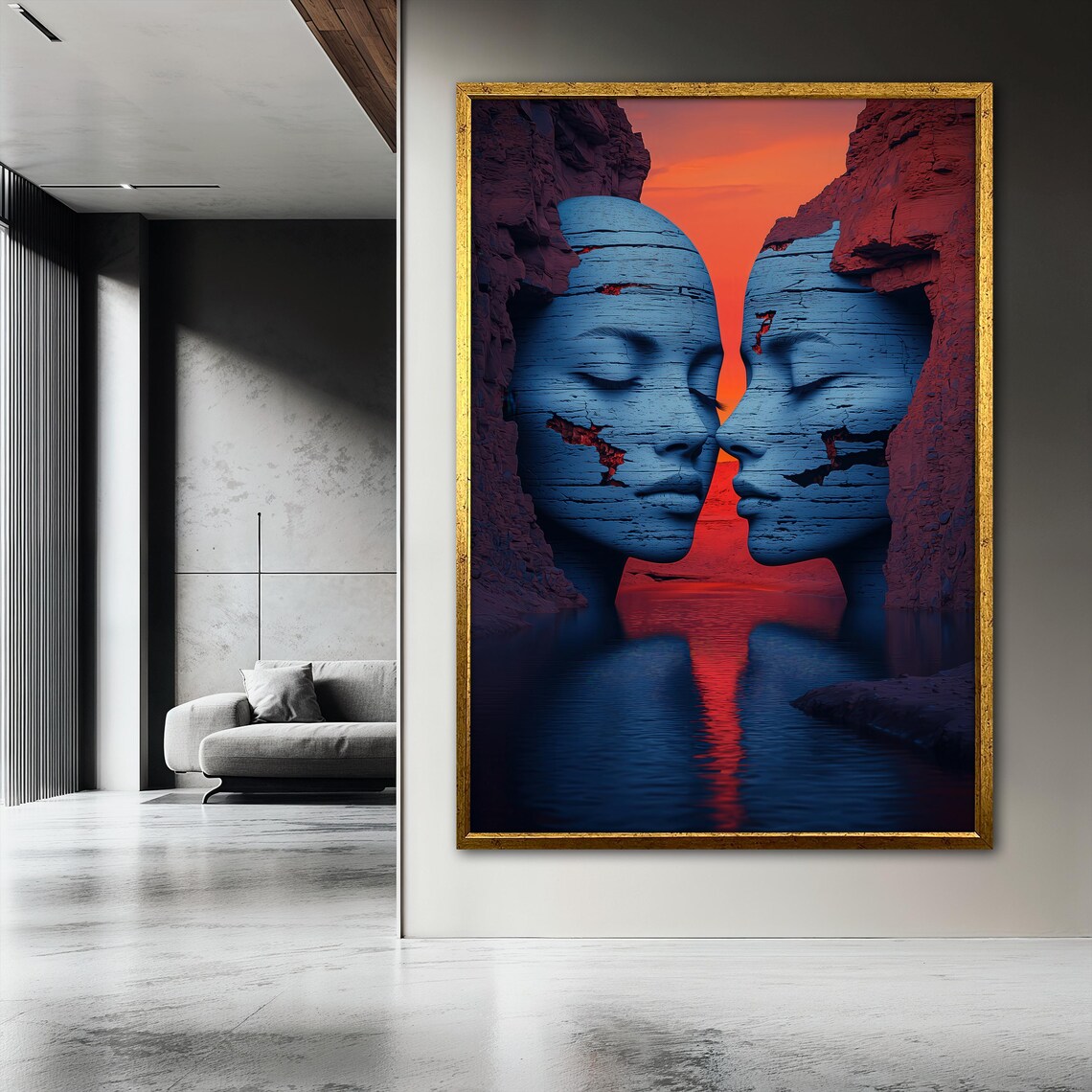 Surreal Face Cliff Sunset Reflection, Romantic Print - Image 3