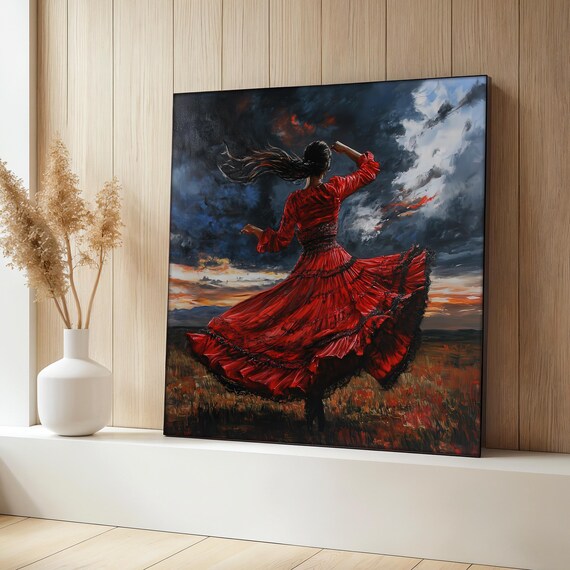 Woman In Red Dress Dancing At Sunset, Painting