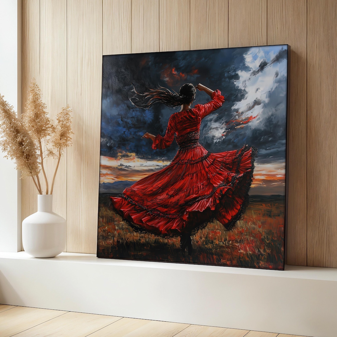 Woman In Red Dress Dancing At Sunset, Painting