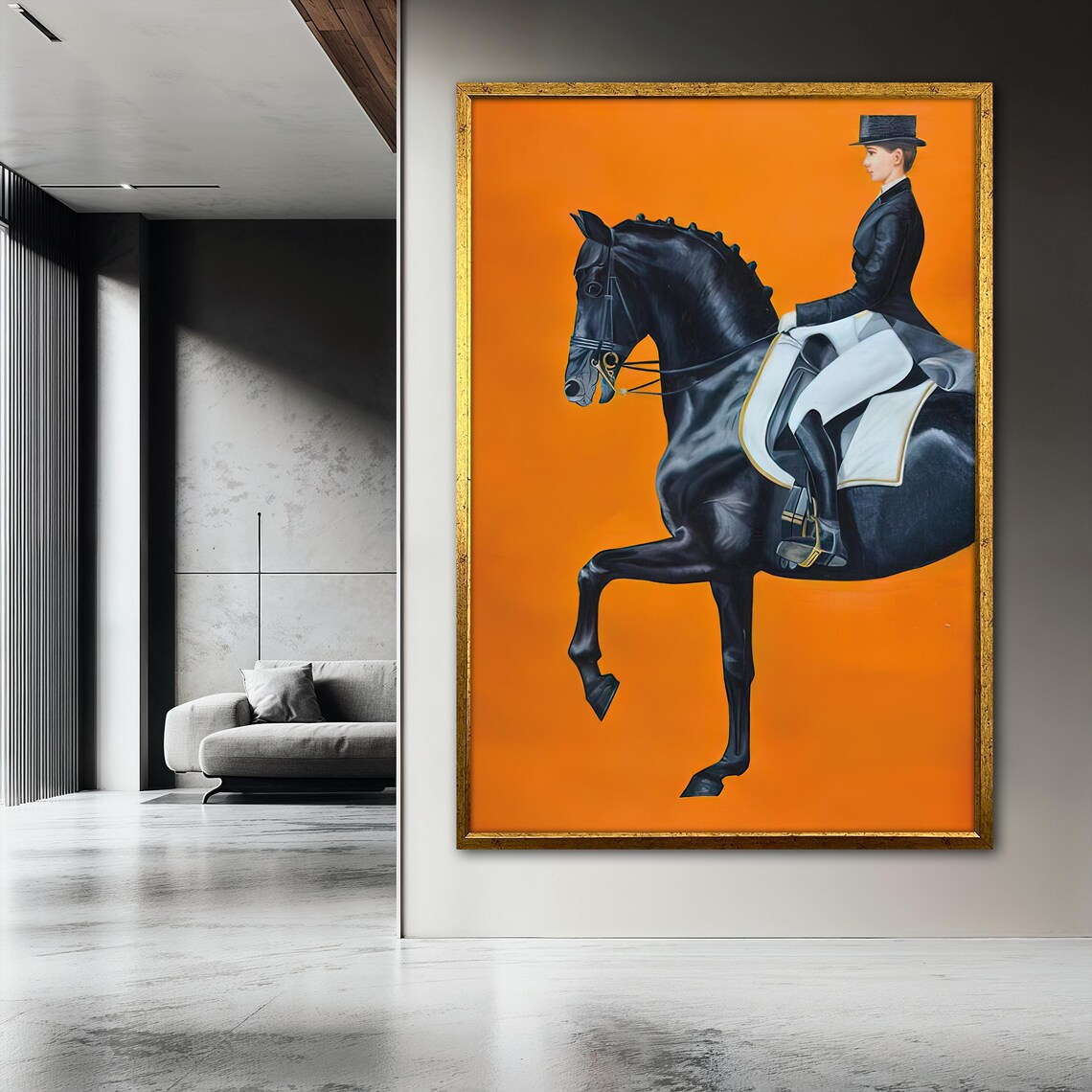 Elegant Equestrian Painting Woman On Black Horse Wall Art Luxury Home Decor Living Room Decor Stylish Gift For Horse Lovers - Image 3