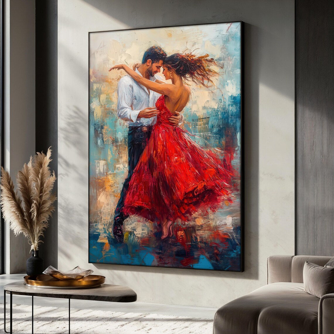 Romantic Couple Dancing Red Dress Passionate Oil Painting Poster