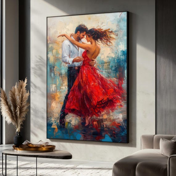 Romantic Couple Dance Painting Passionate Red Dress Wall Art Living Room Decor Modern Love Artwork Romantic Wall Print Gift Idea