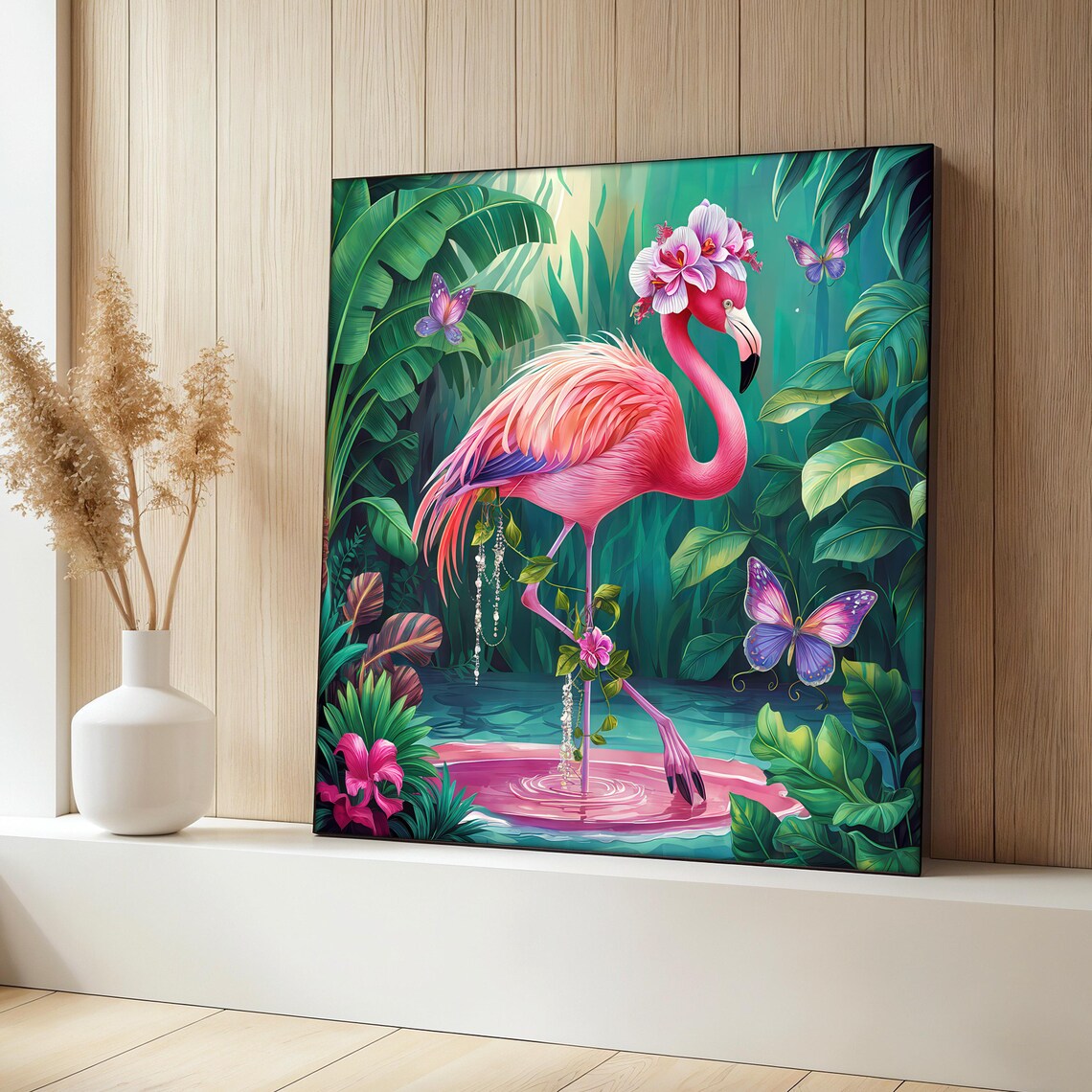 Pink Flamingo Painting, Tropical Bird Decor