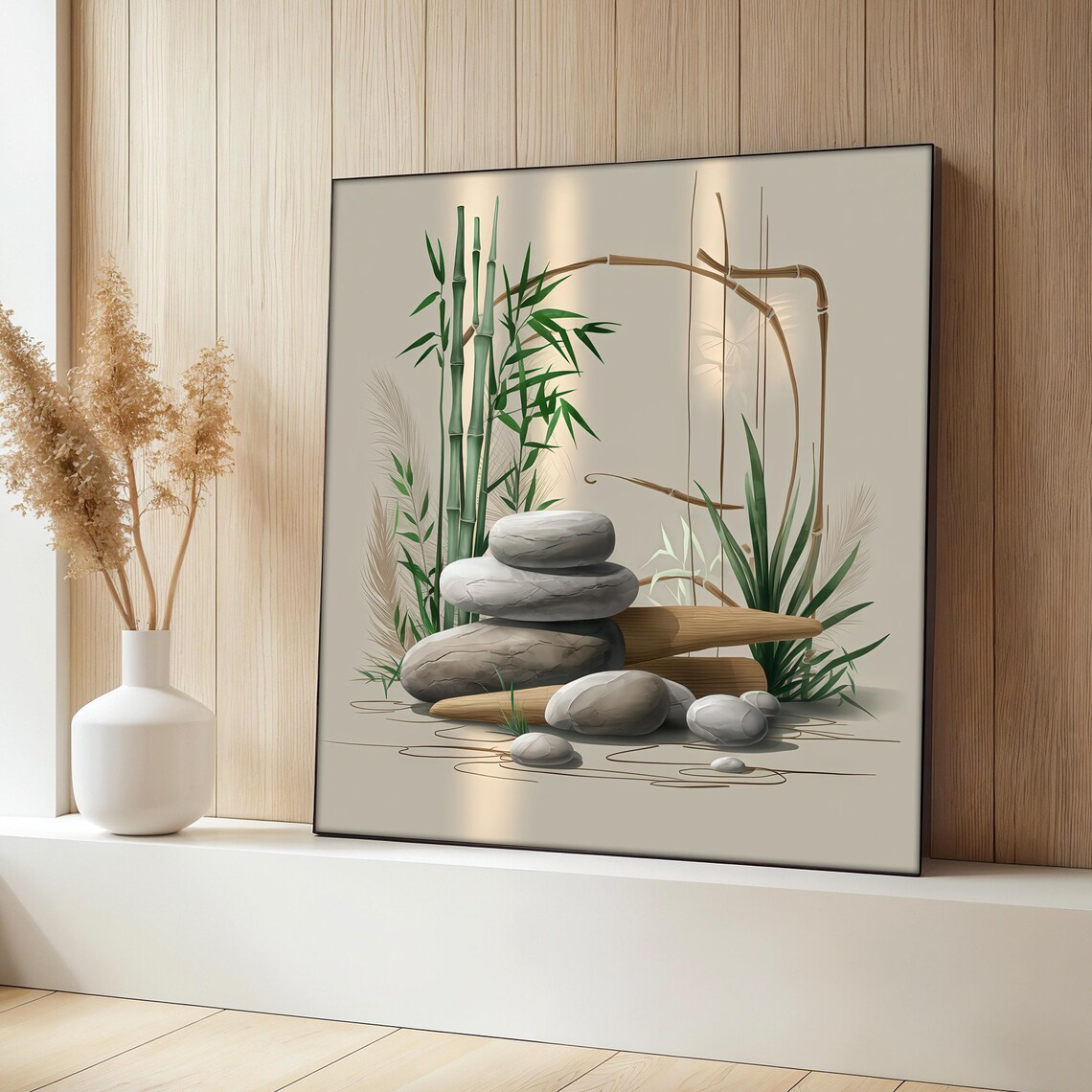 Zen Bamboo Painting, Japanese Minimalist Stone Artwork