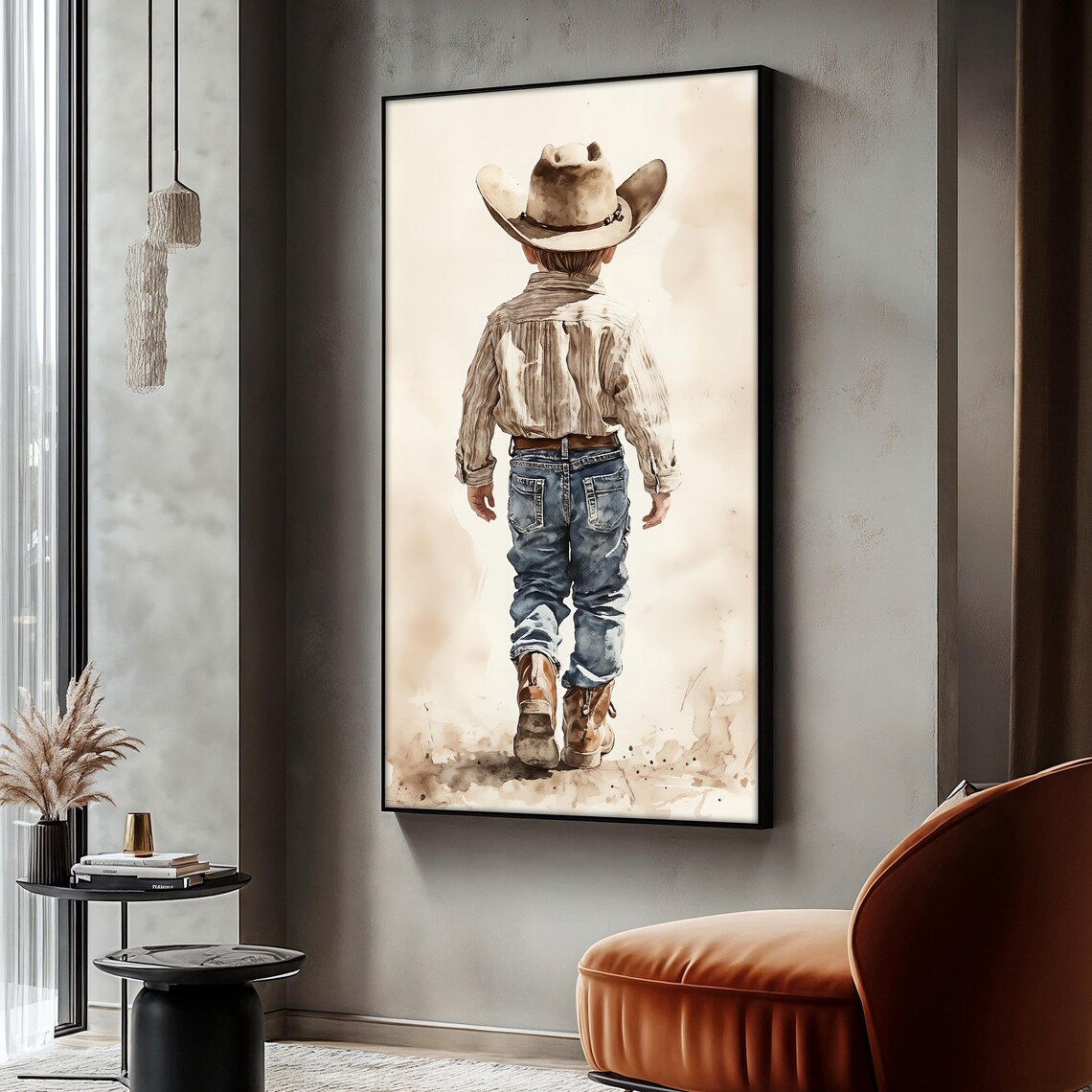 Cowboy Boy Painting, Vintage Western Country Art