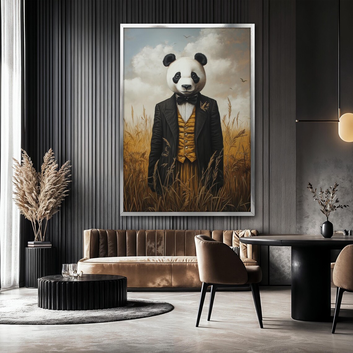 Vintage Panda Painting in Suit, Rustic Field Decor - Image 2