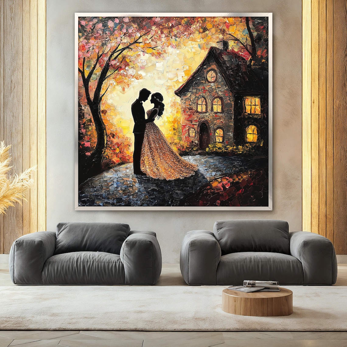 Romantic Wedding Couple Painting, Autumn Night Silhouette - Image 2