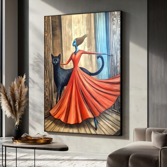Whimsical Woman and Black Cat Painting, Surreal Art