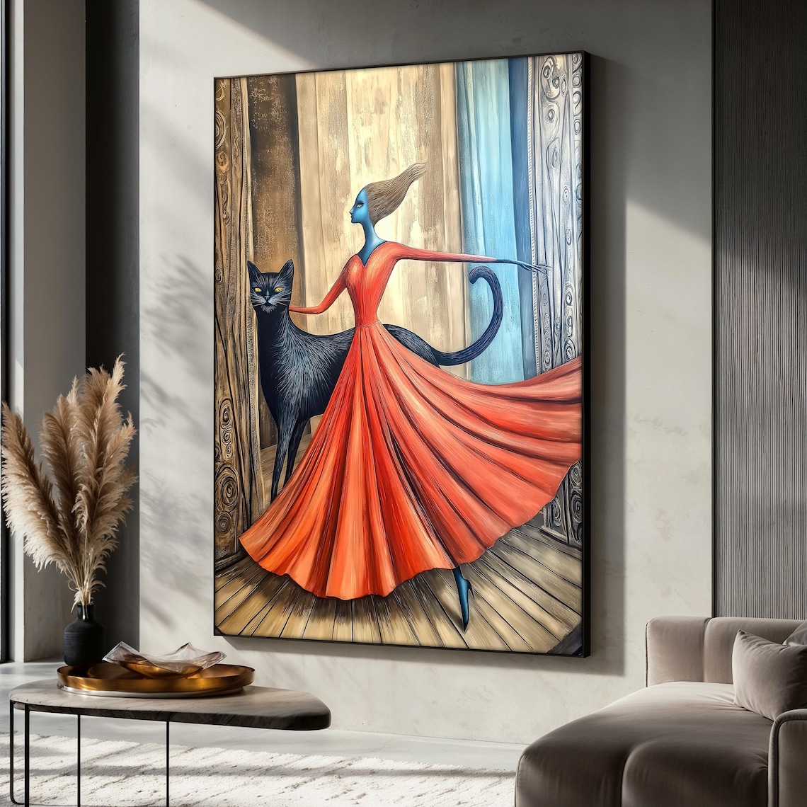 Whimsical Woman and Black Cat Painting, Surreal Art