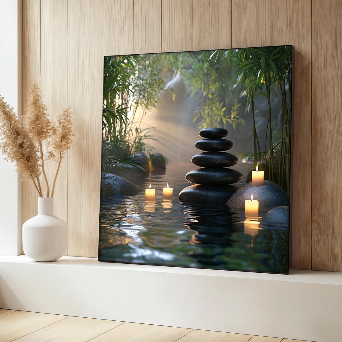Zen Candlelight Painting, Tranquil Bamboo And Stones Art Print