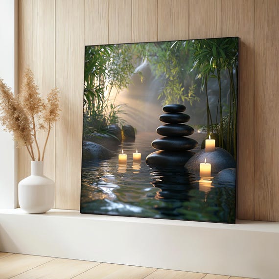 Zen Candlelight Painting, Tranquil Bamboo And Stones Art Print