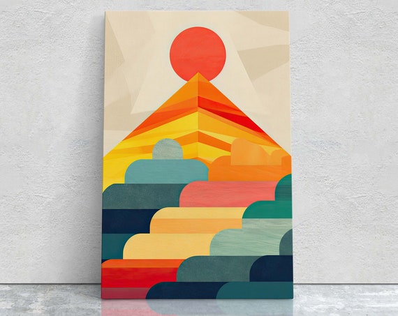 Cloudy Mountain On Sunset Decor Flat Art Vibrant Color Bold Art Vertical Abstract Mid Century Modern Scandinavian Print