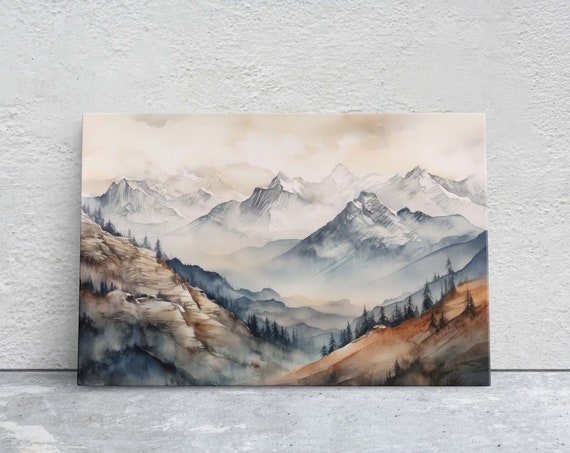 Snowy Mountain On Subdued Color Misty Peaks Fog Landscape Neutral Tones Ready To Hang Large Print Colorado Mountain