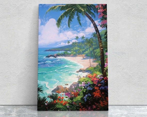 Flower Beach Coastal Painting, Tropical Island Art Print