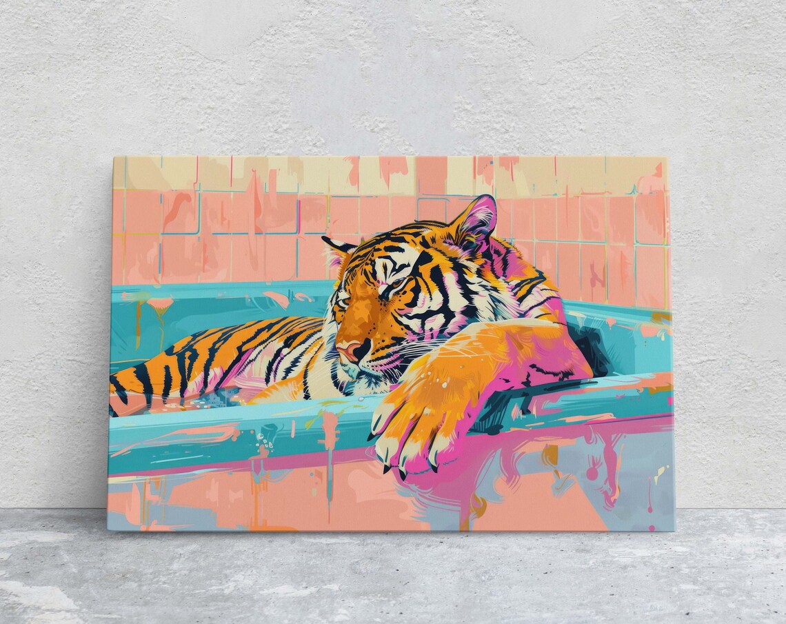 Lounging Tiger Bathtub Maximalist Bathroom Art Print