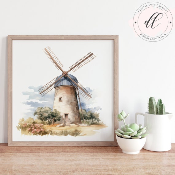 Rustic Windmill Watercolor Art Countryside Scene Vintage Landscape Farmhouse Decor Wall Art