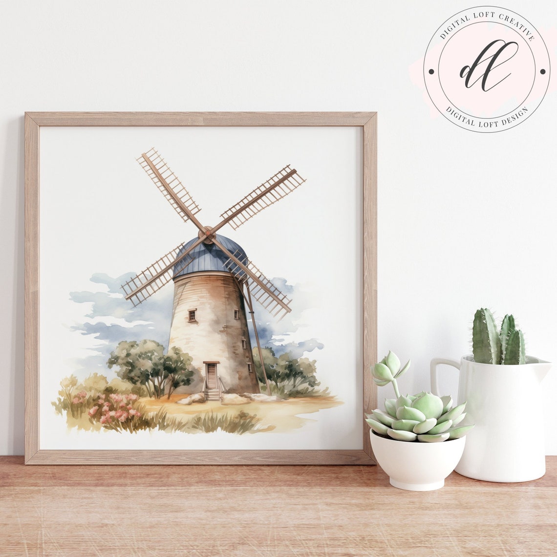 Dutch Style Watercolor Windmill Countryside Landscape Poster