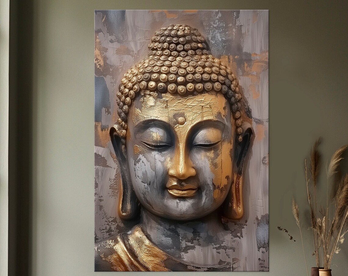 Gold Buddha Face Distressed Grey Goldleaf Serene Buddhist Meditation Wall Poster
