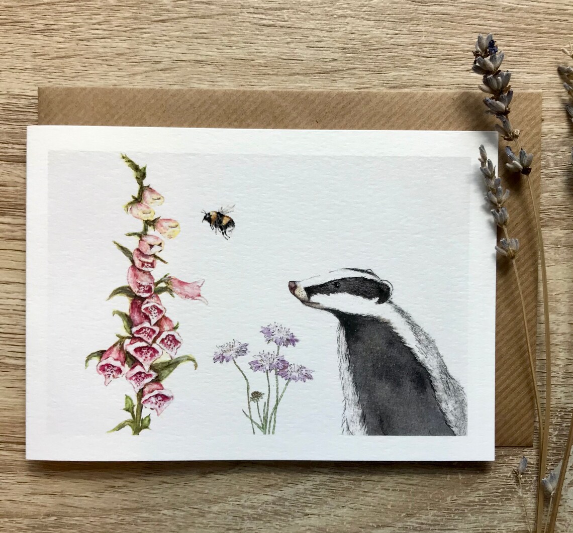 Badger Foxgloves Bumblebee Delicate Watercolor Wildlife Wall Art