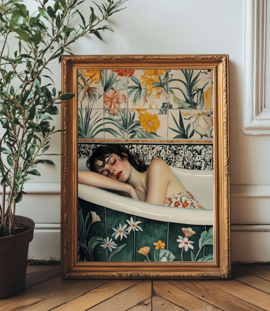 Woman Resting In A Floral Bathtub Vintage Botanical Bathroom Art Print