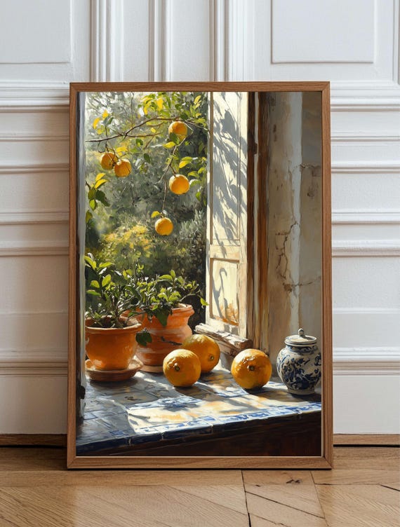 Mediterranean Lemon Kitchen Wall Art Rustic Window View With Citrus Trees For Farmhouse Or Tuscan Decor