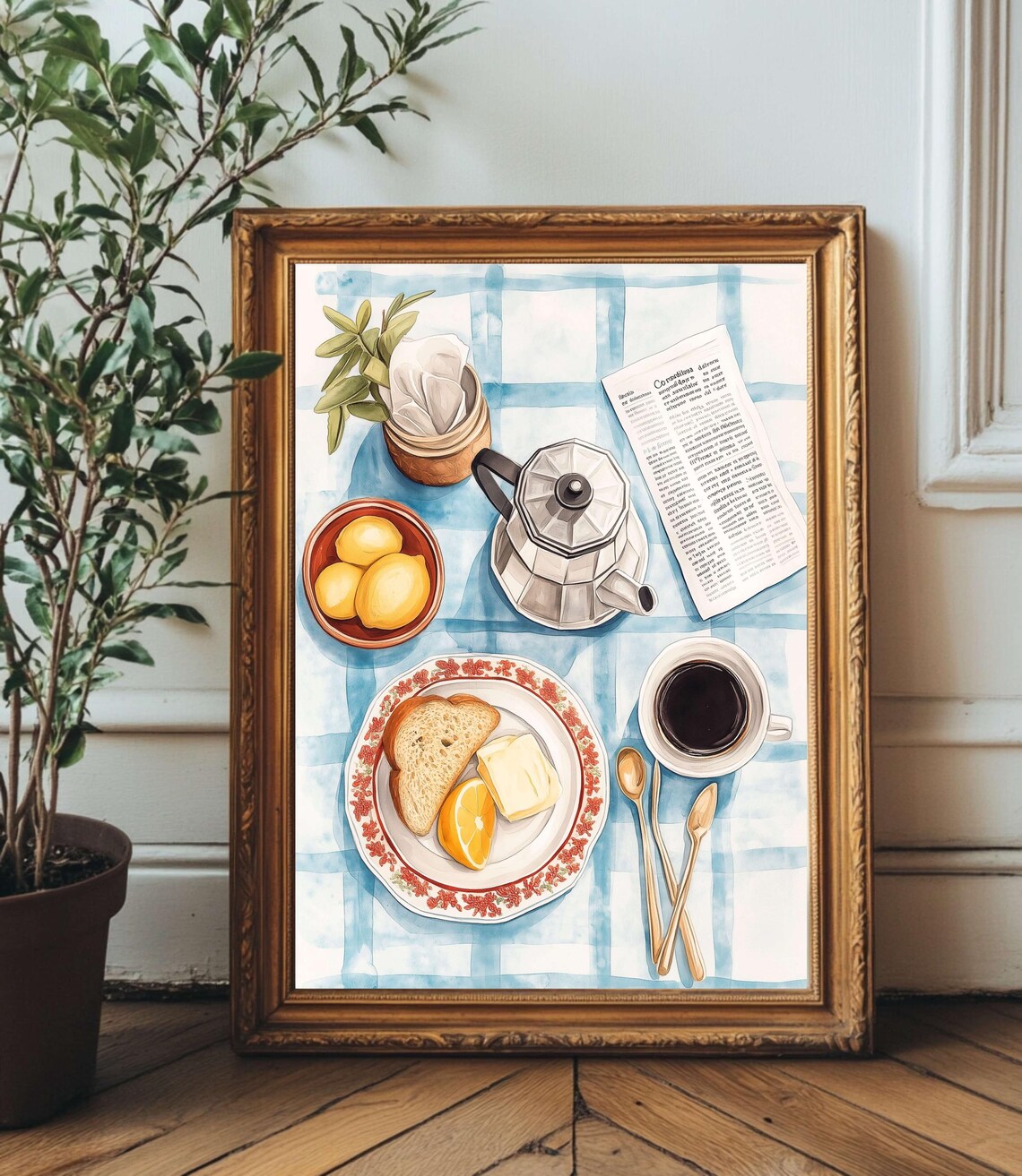 Italian Coffee Breakfast Moka Pot Watercolor Kitchen Art Print