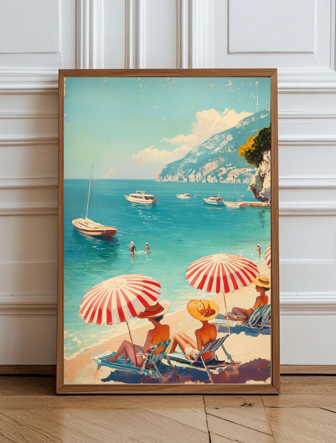 Vintage Italian Coast Beach With Striped Umbrellas Retro Poster
