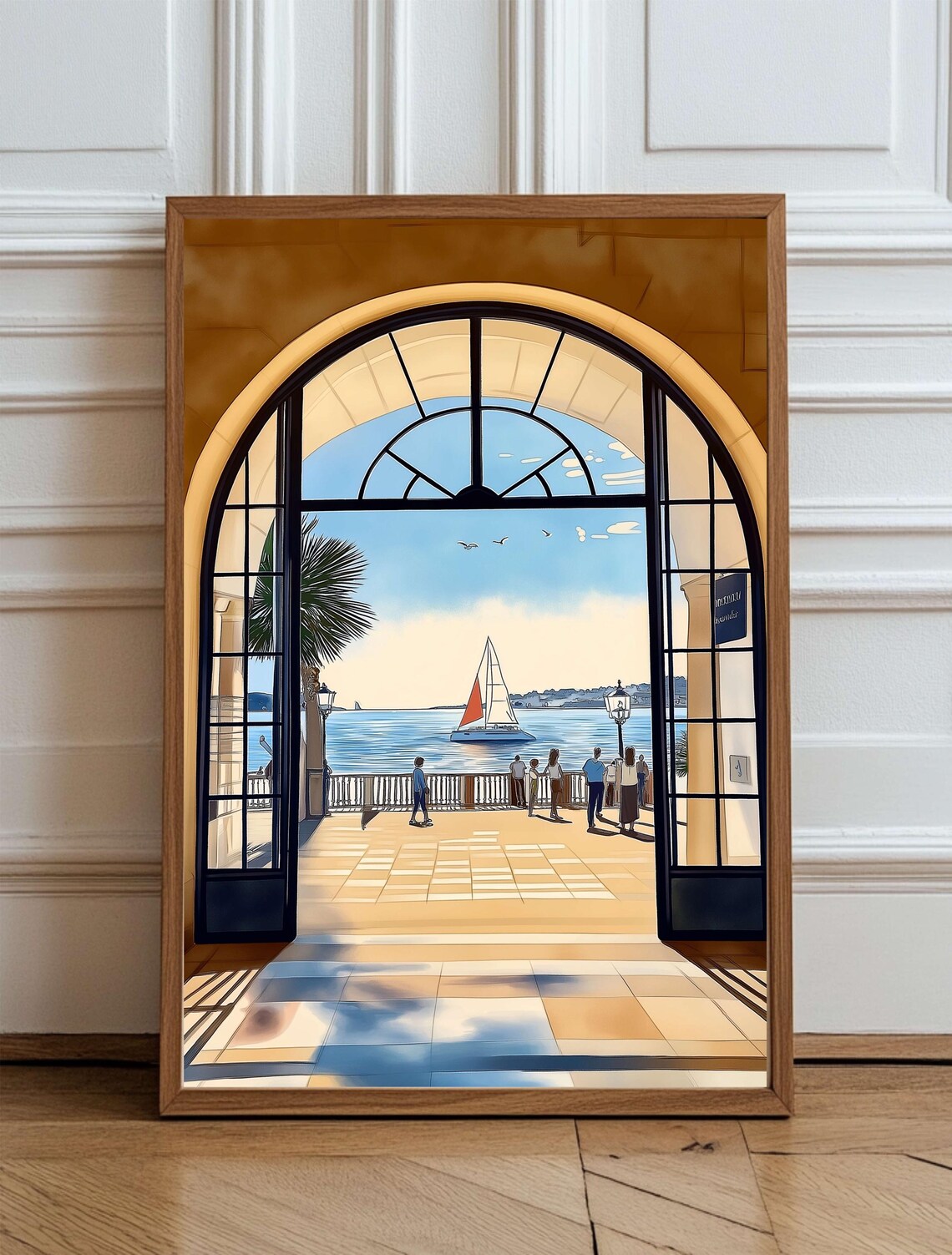 Sailboat Through Arched Marina Doorway Coastal Illustration Poster