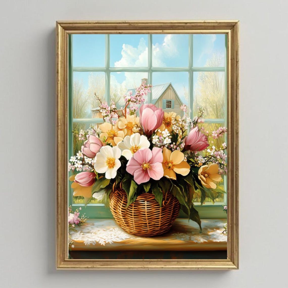 Spring Flower Basket on a Sunny Windowsill Floral Art Poster