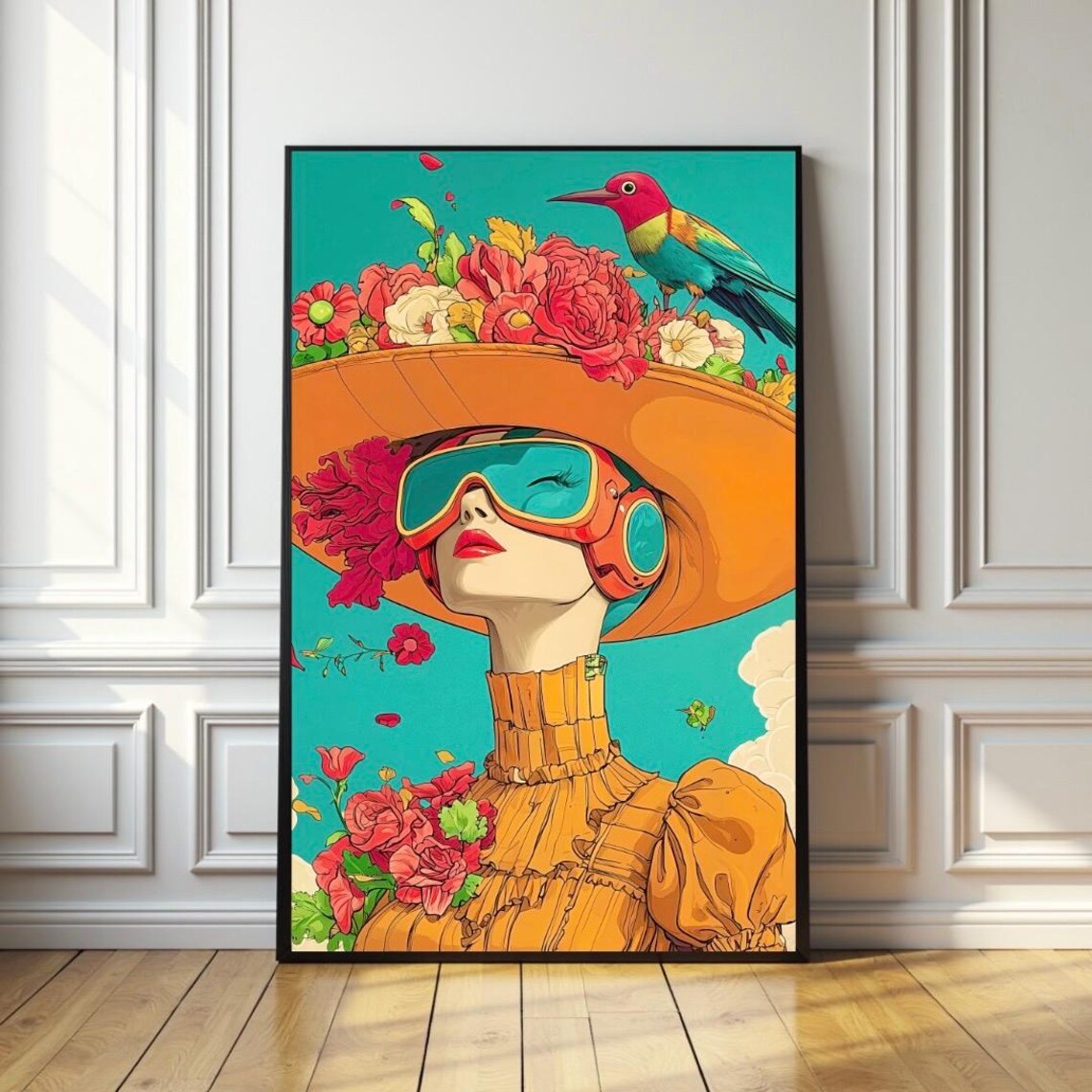 Retro Pop Art Woman in a Floral Space Helmet Eclectic Style Poster